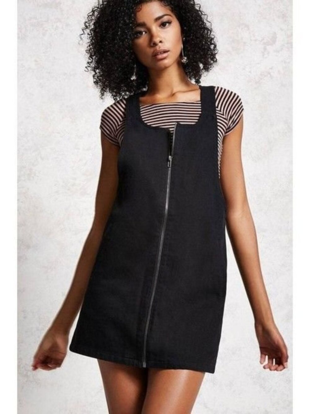 Forever 21 Black Denim Overall Dres Zip Up S/M